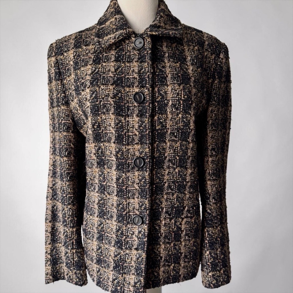Vintage Harlan Tweed Blazer Jacket Brown Plaid Gold Thread Wool Blend 12